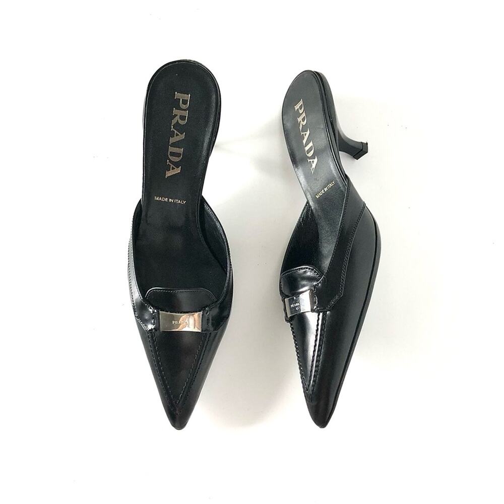 NIB Prada Logo Plaque Black Pointed Toe Kitten Heel Mules Pumps 36.5